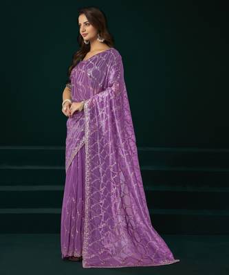 Lavender net sequence emboidery festive saree with unstitched blouse piece 3