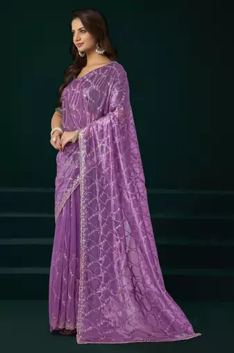 Lavender net sequence emboidery festive saree with unstitched blouse piece