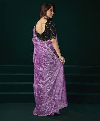 Lavender net sequence emboidery festive saree with unstitched blouse piece 4