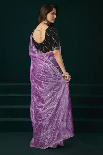 Lavender net sequence emboidery festive saree with unstitched blouse piece