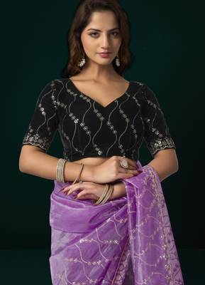Lavender net sequence emboidery festive saree with unstitched blouse piece 5