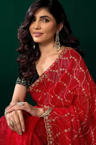 Red net sequence emboidery festive saree with unstitched blouse piece