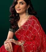 Red net sequence emboidery festive saree with unstitched blouse piece