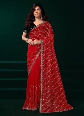 Red net sequence emboidery festive saree with unstitched blouse piece 3