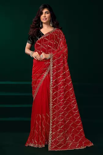 Red net sequence emboidery festive saree with unstitched blouse piece