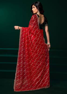 Red net sequence emboidery festive saree with unstitched blouse piece 4