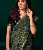 Green net sequence emboidery festive saree with unstitched blouse piece