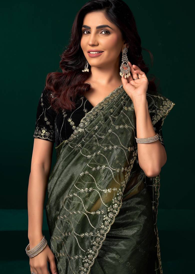 Green  soft net sequence emboidery designer party wear festive saree with unstitched blouse piece
