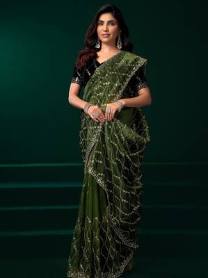 Green net sequence emboidery festive saree with unstitched blouse piece 2