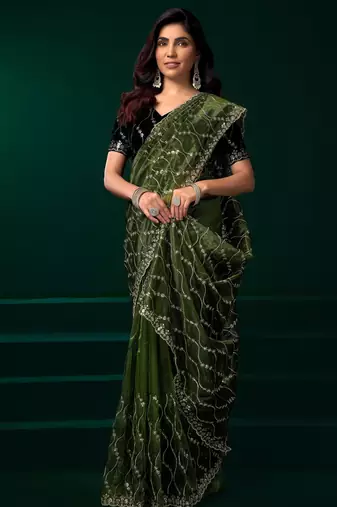 Green net sequence emboidery festive saree with unstitched blouse piece