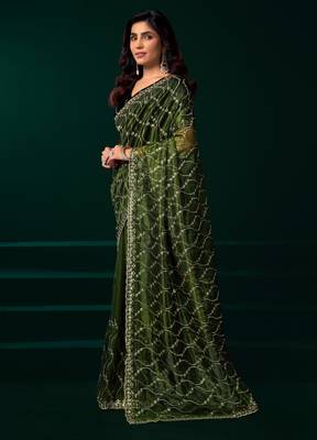 Green net sequence emboidery festive saree with unstitched blouse piece 3