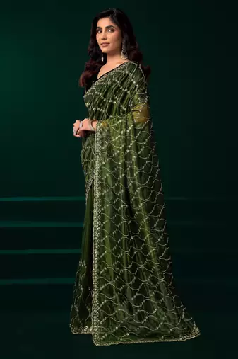 Green net sequence emboidery festive saree with unstitched blouse piece