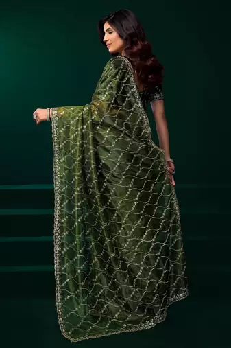 Green net sequence emboidery festive saree with unstitched blouse piece