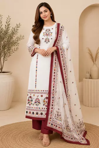 printed maslin kurta set with sequence work dupatta & rayon pant