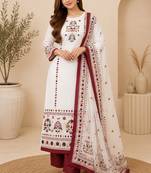 printed maslin kurta set with sequence work dupatta & rayon pant