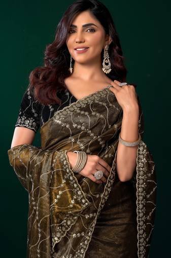 Mehendi net sequence emboidery festive saree with unstitched blouse piece