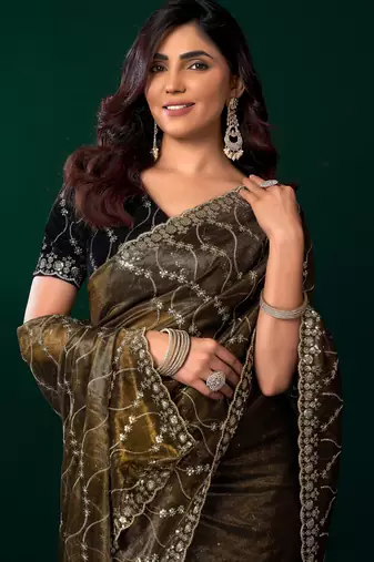 Mehendi net sequence emboidery festive saree with unstitched blouse piece