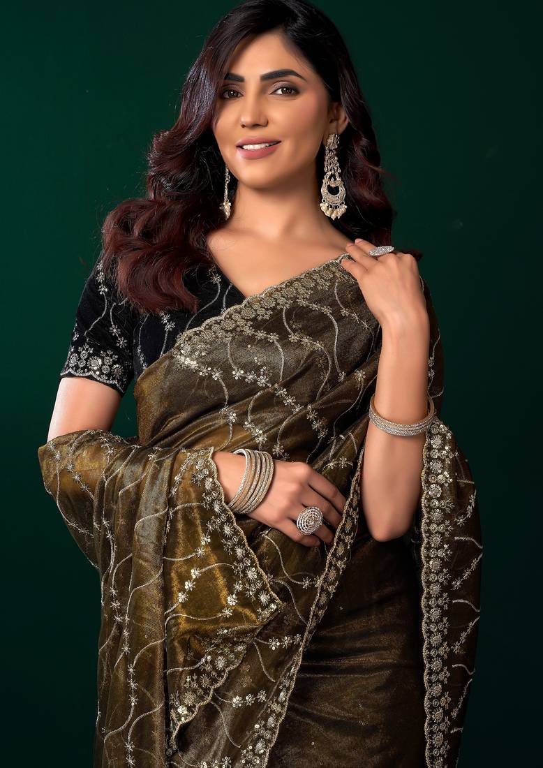 Mehendi  soft net sequence emboidery designer party wear festive saree with unstitched blouse piece