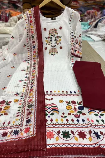 printed maslin kurta set with sequence work dupatta & rayon pant