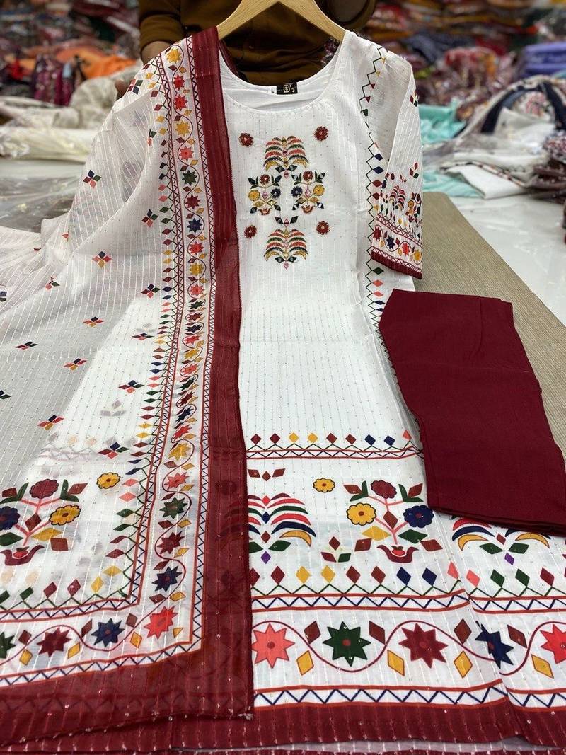 printed maslin kurta set with sequence work dupatta & rayon pant