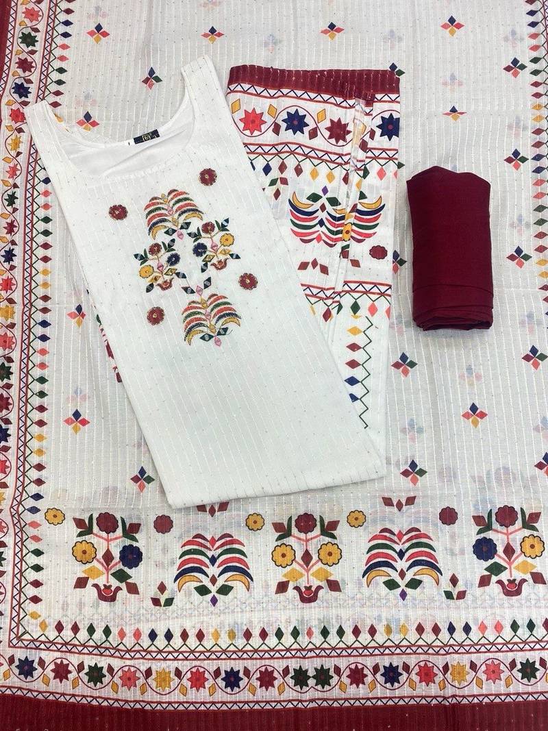 printed maslin kurta set with sequence work dupatta & rayon pant