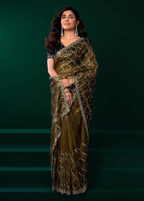Mehendi net sequence emboidery festive saree with unstitched blouse piece 2