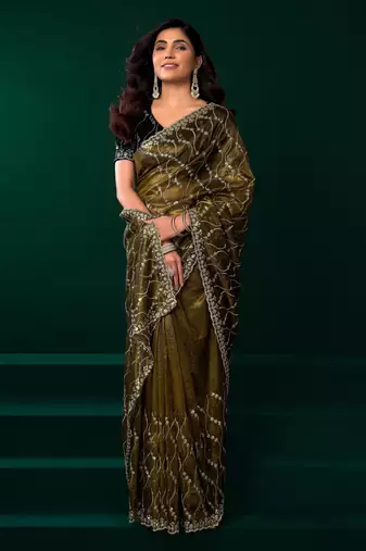 Mehendi net sequence emboidery festive saree with unstitched blouse piece