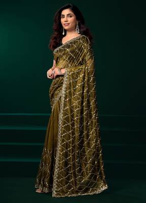 Mehendi net sequence emboidery festive saree with unstitched blouse piece 3