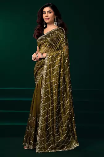 Mehendi net sequence emboidery festive saree with unstitched blouse piece