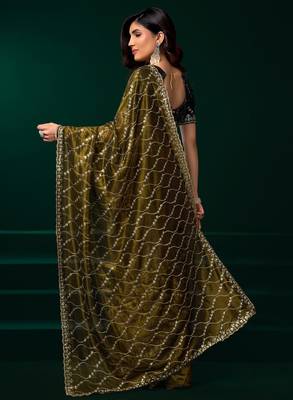 Mehendi net sequence emboidery festive saree with unstitched blouse piece 4