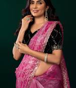Baby pink net sequence emboidery festive saree with unstitched blouse piece