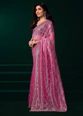 Baby pink net sequence emboidery festive saree with unstitched blouse piece 3