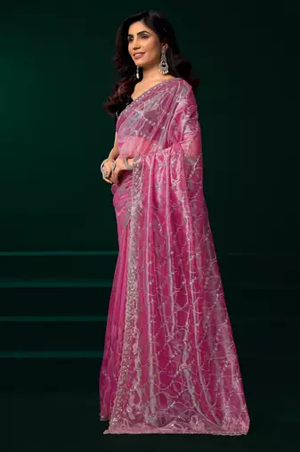 Baby pink net sequence emboidery festive saree with unstitched blouse piece