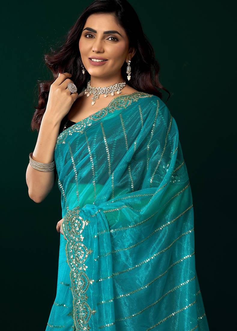 Rama  soft net sequence emboidery designer party wear festive saree with unstitched blouse piece