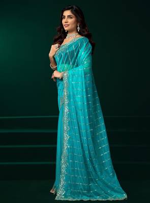 Rama net sequence emboidery festive saree with unstitched blouse piece 3