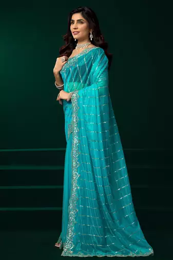 Rama net sequence emboidery festive saree with unstitched blouse piece