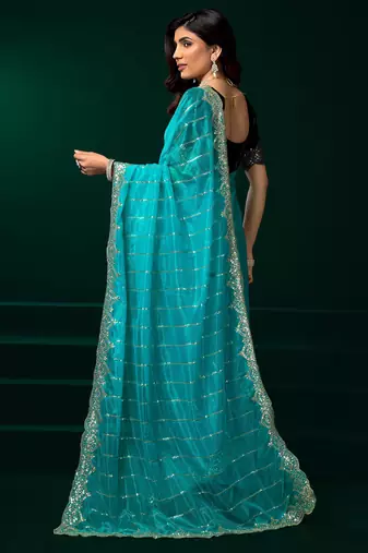 Rama net sequence emboidery festive saree with unstitched blouse piece
