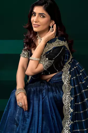 Blue  soft net sequence emboidery designer party wear festive saree with unstitched blouse piece