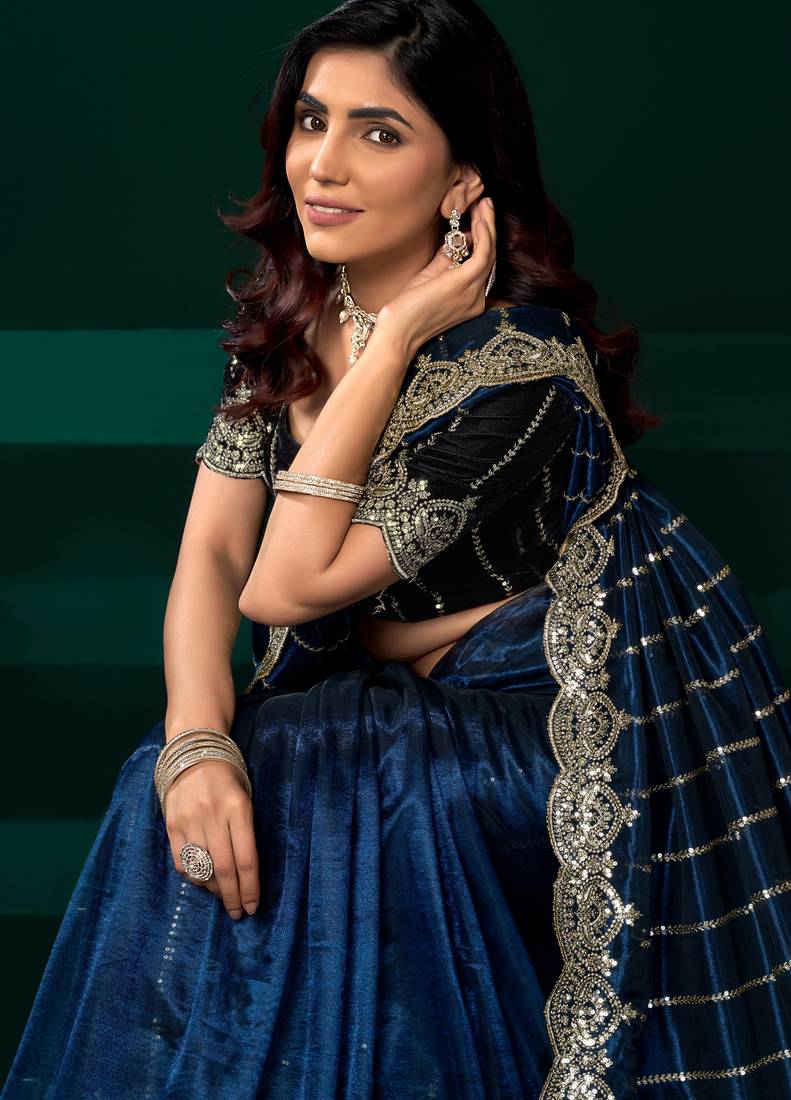 Blue  soft net sequence emboidery designer party wear festive saree with unstitched blouse piece