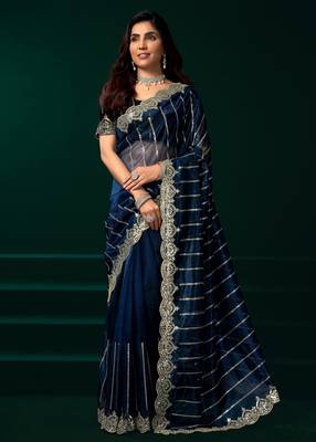 Blue net sequence emboidery festive saree with unstitched blouse piece 2