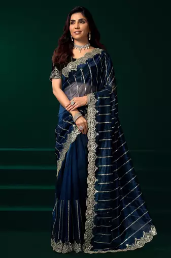 Blue net sequence emboidery festive saree with unstitched blouse piece