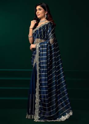 Blue net sequence emboidery festive saree with unstitched blouse piece 3