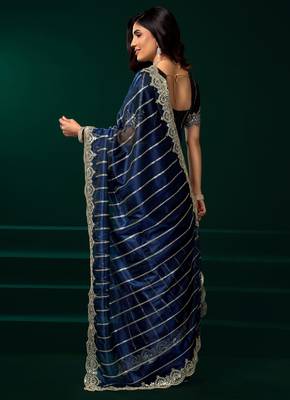 Blue net sequence emboidery festive saree with unstitched blouse piece 4