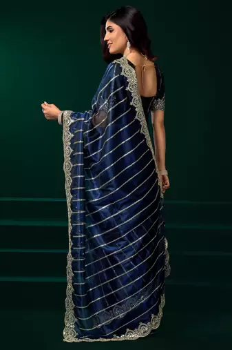 Blue net sequence emboidery festive saree with unstitched blouse piece