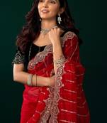 Red  soft net sequence emboidery designer party wear festive saree with unstitched blouse piece