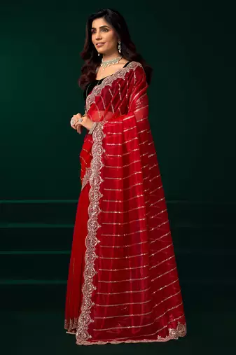 Red net sequence emboidery festive saree with unstitched blouse piece