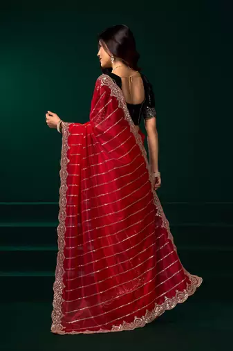 Red net sequence emboidery festive saree with unstitched blouse piece