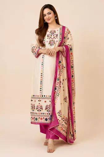 printed maslin kurta set with sequence work dupatta & rayon pant