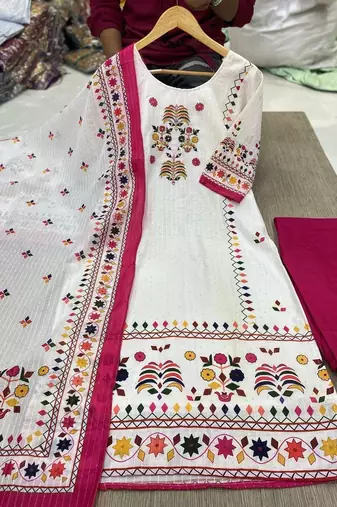 printed maslin kurta set with sequence work dupatta & rayon pant