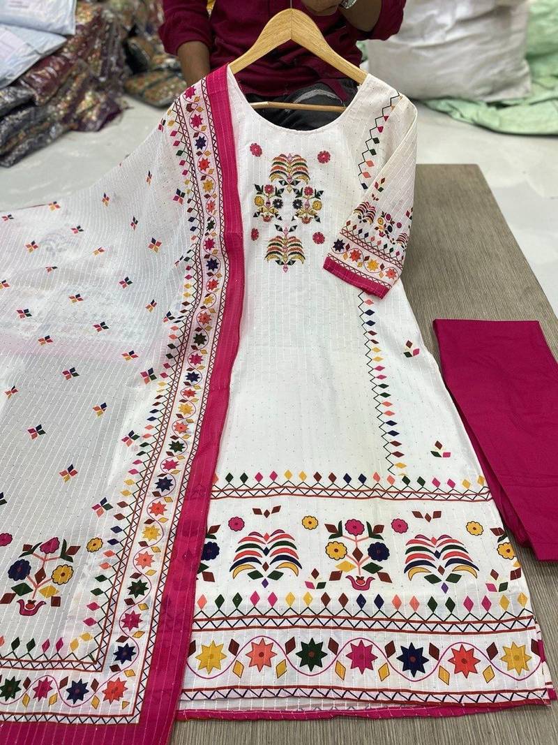 printed maslin kurta set with sequence work dupatta & rayon pant